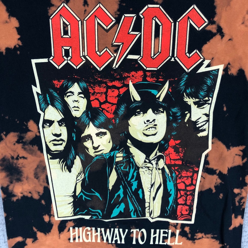 ACDC Highway to Hell T Shirt Mens Medium Black Orange Bleach Tie Dye Graphic Tee - Picture 3 of 6